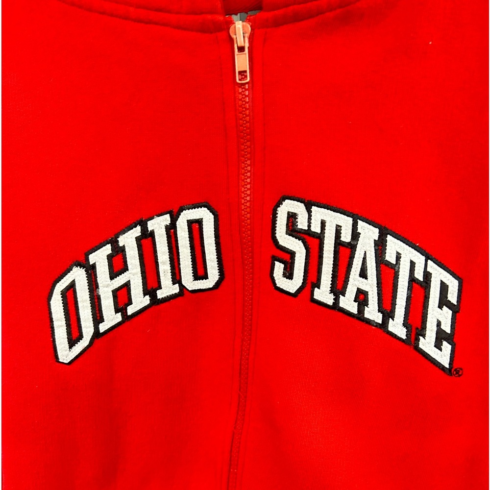 Ohio State Zip Sweatshirt, appliqué letters, pockets and hood. Size XL